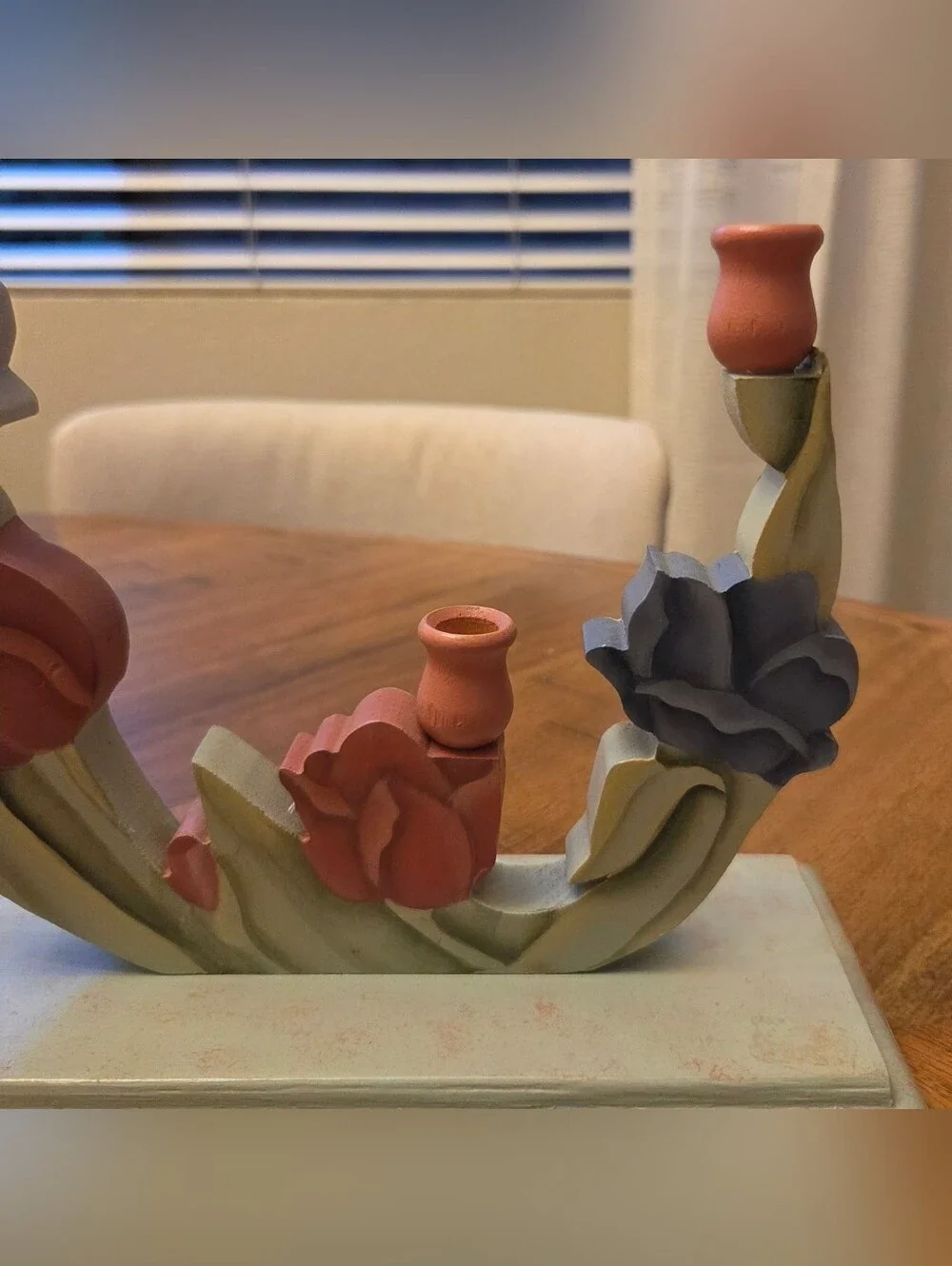 Large Hand-Painted Wooden Floral Taper Candle Holder– Cottagecore Farmhouse Deco